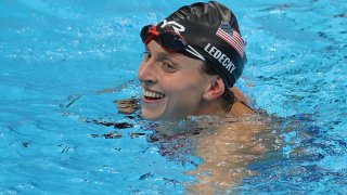 Katie Ledecky of Team United States reacts after winning gold in the Women's 800m Freestyle Final at Tokyo Aquatics Centre on July 31, 2021 in Tokyo, Japan.