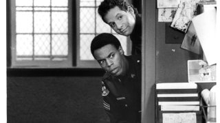 Actor Steve Guttenberg, Michael Winslow on set of the movie "Police Academy 4: Citizens on Patrol"