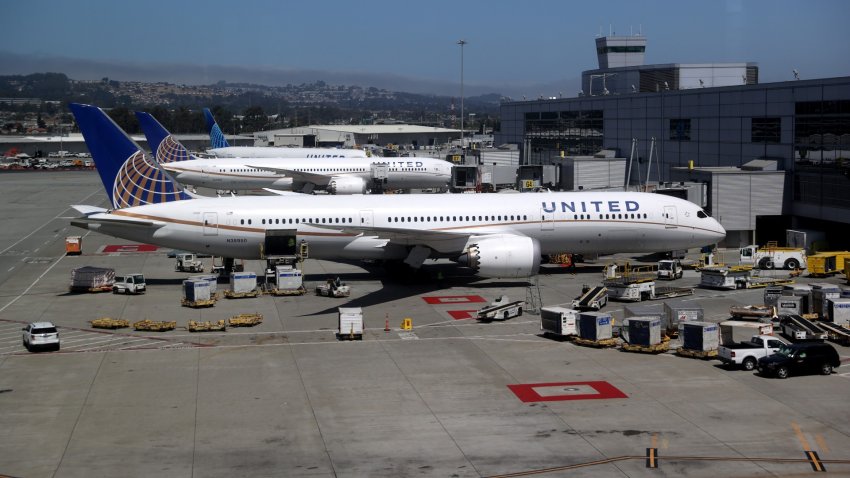 United Airlines planes sit parked at San Francisco International Airport on July 08, 2020 in San Francisco, California.