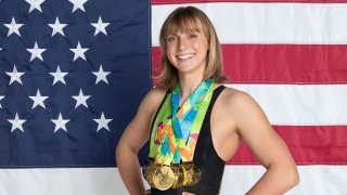 Katie Ledecky with her six Olympic medals
