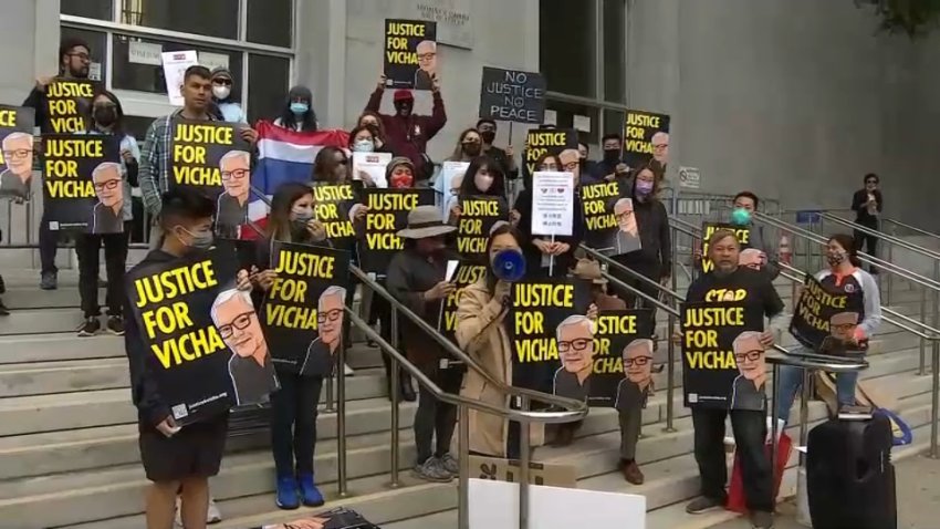 Rally held to demand justice for Vicha Ratanapakdee, a Thai man pushed to his death in January.