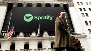 The Spotify logo on the New York Stock Exchange, April 3, 2018.