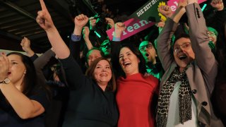 The good old days: Members of the German Greens party, including co-leader Annalena Baerbock (C) and local candidate Katharina Fegebank (C-L), react to initial exit polls that give the Greens 25.5% of the vote in Hamburg city elections on February 23, 2020 in Hamburg, Germany.