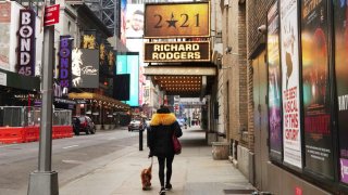 Hamilton at Richard Rodgers Theatre near Times Square remains closed following restrictions imposed to slow the spread of coronavirus on January 15, 2021 in New York City.