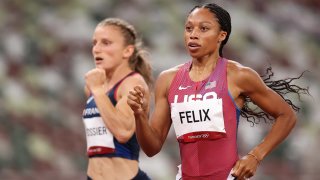 Allyson Felix competes in the women's 400m track and field semifinals
