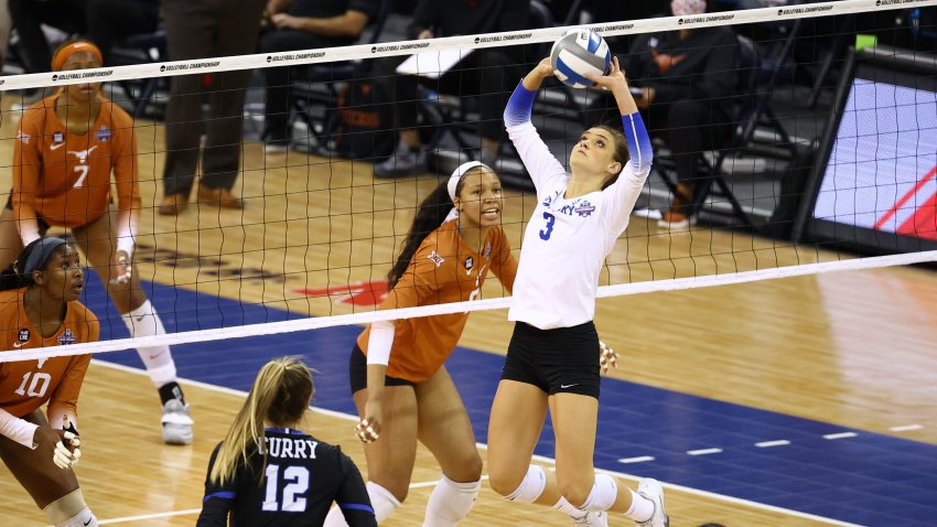 Madison Lilley #3 of the Kentucky Wildcats hits a set against Texas during the Division I Womens Volleyball Championship held at the Chi Health Center on April 24, 2021 in Omaha, Nebraska.