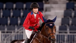 Jessica Springsteen, competing with Don Juan van de Donkhoeve, at the Tokyo Olympics team qualifier at Equestrian Park, Tokyo, Aug. 6, 2021.