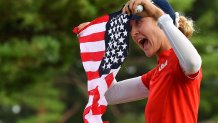 USA's Nelly Korda celebrates after winning the gold medal in round 4 of the Women's Golf Individual stroke play during the Tokyo 2020 Olympic Games at the Kasumigaseki Country Club in Kawagoe, Japan on Aug. 7, 2021.