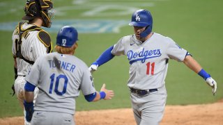 SAN DIEGO, CA – AUGUST 25: AJ Pollock #11 of the Los Angeles Dodgers is congratulated by Justin Turner #10 of the Los Angeles Dodgers after hitting two-run home during the 16th inning of a baseball game against the San Diego Padres at Petco Park on August 25, 2021 in San Diego, California. (Photo by Denis Poroy/Getty Images)