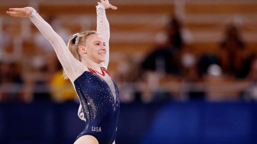 Jade Carey of Team United States reacts after competing during the Women’s Floor Exercise Final on day ten of the Tokyo 2020 Olympic Games at Ariake Gymnastics Centre on August 02, 2021 in Tokyo, Japan. Carey took home her first career Olympic medal with a gold.