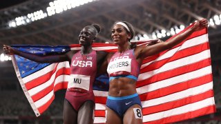 File photo: Gold medal winner Athing Mu of Team United States and bronze medal winner Raevyn Rogers of Team United States celebrate with their countries flag after the Women’s 800m Final on day eleven of the Tokyo 2020 Olympic Games at Olympic Stadium on Aug. 03, 2021, in Tokyo, Japan.
