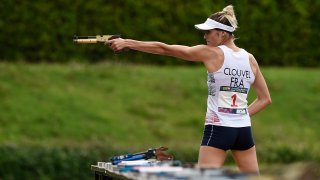 HOFU, JAPAN - JUNE 28: Elodie Clouvel of France competes during the women's laser run on day two of the UIPM World Cup, Modern Pentathlon test event for the Tokyo 2020, at the Musashino Forest Sport Plaza on June 28, 2019 in Chofu, Tokyo, Japan.