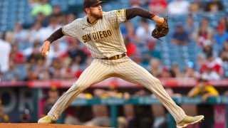 ANAHEIM, CALIFORNIA – AUGUST 27: Joe Musgrove #44 of the San Diego Padres pitches during the first inning of a game against the Los Angeles Angels at Angel Stadium of Anaheim on August 27, 2021 in Anaheim, California. (Photo by Sean M. Haffey/Getty Images)