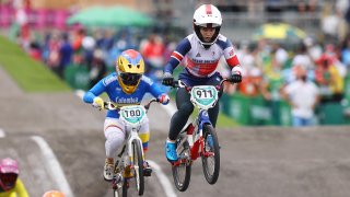 Mariana Pajon of Team Colombia and Bethany Shriever of Team Great Britain as they jump during the Women's BMX final on day seven of the Tokyo 2020 Olympic Games
