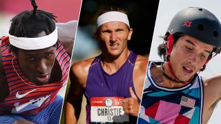 From left: Team USAs Will Claye, Nick Christie and Heimana Reynolds.