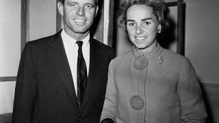 Robert F. Kennedy, brother of Sen. John F. Kennedy, is shown with his wife, Ethel, as they arrived to vote in the town of Barnstable, Mass., Nov. 8, 1960.