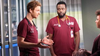 CHICAGO MED -- "Be The Change You Want To See" Episode 703 -- Pictured: (l-r) Nick Gehlfuss as Dr. Will Halstead, Guy Lockard as Dr. Dylan Scott --