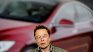 Tesla Chief Executive Office Elon Musk speaks at his company’s factory in Fremont, California.