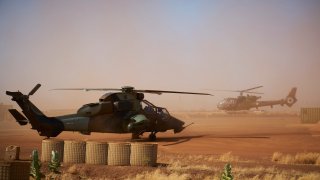 GAO, Mali – A Eurocopter Tiger (Eurocopter EC665 Tigre) helicopter (L) is seen at the French Military base in Gao, in northern Mali on November 8, 2019.