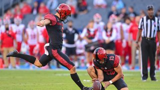 LOS ANGELES, CA – SEPTEMBER 18: San Diego State Aztecs place kicker Matt Araiza (2) attempts an extra point during a game between the Utah Utes and the San Diego State Aztecs on September 18, 2021, at Dignity Health Sports Park in Los Angeles, CA.  (Photo by Justin Fine/Icon Sportswire via Getty Images)