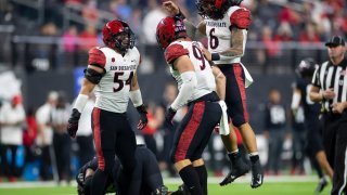 LAS VEGAS, NV – NOVEMBER 19: San Diego State Aztecs defensive linemen Cameron Thomas (99) celebrates a sack during a college football game against the UNLV Rebels on November 19, 2021 at Allegiant Stadium in Las Vegas, Nevada. (Photo by Brandon Sloter/Icon Sportswire via Getty Images)