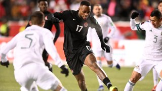Canada forward Cyle Larin (17) tries to get past Mexico defender Julio Dominguez (3) during the first half of a World Cup Qualifier soccer match at Commonwealth Stadium Edmonton.