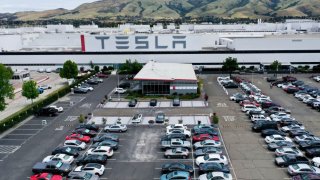 An aerial view of the Tesla Fremont Factory on May 13, 2020 in Fremont, California.