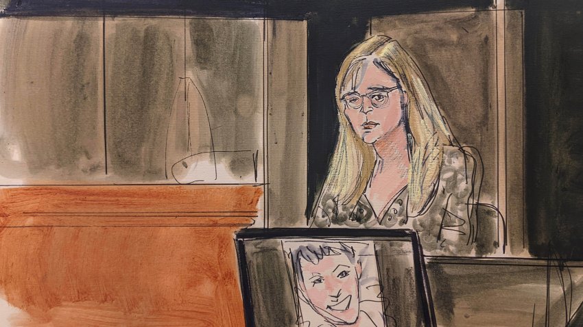 In this courtroom sketch, Annie Farmer testifies on the witness stand during the Ghislaine Maxwell sex abuse trial, Friday, Dec. 10, 2021, in New York