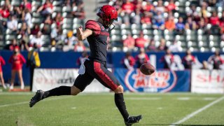 CARSON, CA – NOVEMBER 26: Matt Araiza #2 of the San Diego State Aztecs kicks the ball against the Boise State Broncos on November 26, 2021 at Dignity Health Sports Park in Carson, California. (Photo by Tom Hauck/Getty Images)