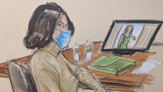 In this courtroom sketch, Ghislaine Maxwell is seated at the defense table while watching testimony of witnesses during her trial, Nov. 30, 2021, in New York.