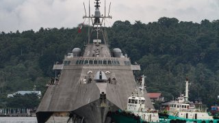 This photo taken on June 29, 2019, shows USS Montgomery (LCS 8), an Independence-class littoral combat ship of the United States Navy, in Davao City on the southern island of Mindanao for a port visit.