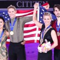 gold medalists Madison Chock (left) and Evan Bates, and bronze medalists Madison Hubbell and Zachary Donohue, all of the United States