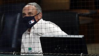 ARLINGTON, TEXAS – OCTOBER 07: Commissioner of Baseball Rob Manfred attends Game Two of the National League Division Series between the San Diego Padres and the Los Angeles Dodgers at Globe Life Field on October 07, 2020 in Arlington, Texas. (Photo by Ronald Martinez/Getty Images)