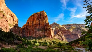 Low Angle View Of Angels Landing In Zion National Park