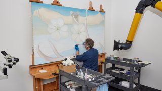 In this photo provided by the Georgia O'Keeffe Museum, Dale Kronkright, head of conservation and preservation at the Georgia O'Keeffe Museum, works on restoring O'Keeffe's painting "Spring," Saturday, Nov. 13, 2021, in Santa Fe, New Mexico.