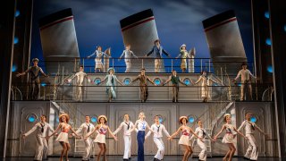 This image released by Matt Ross Public Relations shows Sutton Foster, foreground center, with the cast of the London production of "Anything Goes."