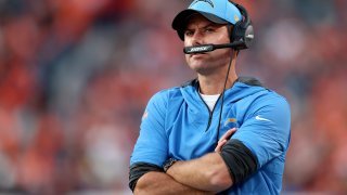 DENVER, COLORADO – NOVEMBER 28: Head Coach Brandon Staley of the Los Angeles Chargers looks on during the second half of the game against the Denver Broncos at Empower Field At Mile High on November 28, 2021 in Denver, Colorado. (Photo by Matthew Stockman/Getty Images)