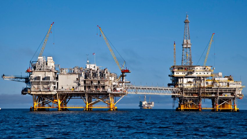 Beta Operating Company LLC’s offshore oil and gas platform Ellen, right, and processing platform Elly stand in the Beta Field off the coast of Long Beach, California, U.S., on Tuesday, May 18, 2010. Senators from California, Oregon and Washington introduced legislation last week to ban offshore oil drilling off the West Coast amid mounting concern about the BP Deepwater Horizon rig spill spreading in the Gulf of Mexico. Photographer: Tim Rue/Bloomberg via Getty Images