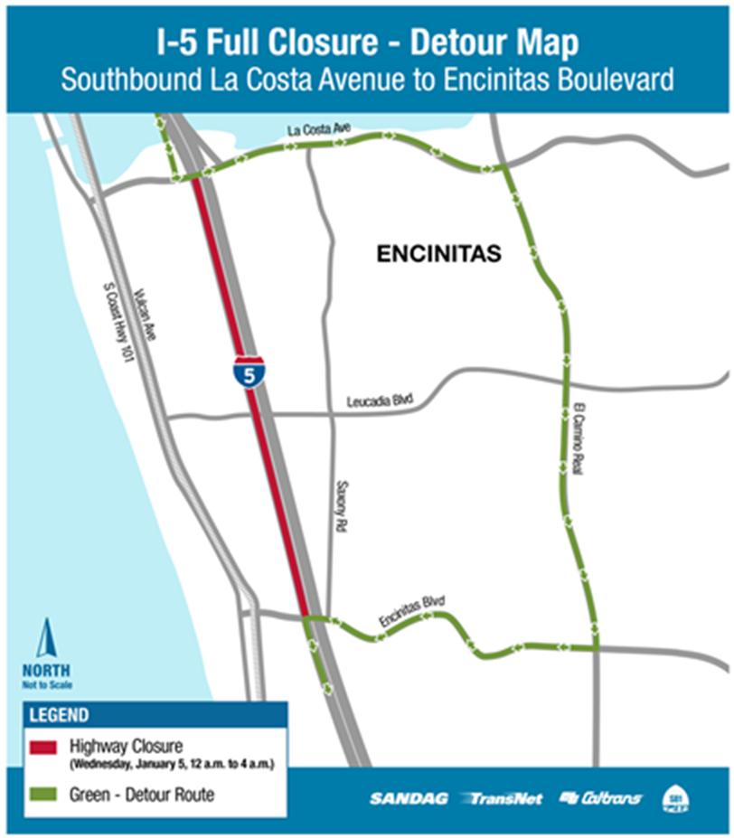A look at the upcoming closure on Interstate 5 in Encinitas.