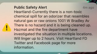 A mobile public safety alert notification warns of a non-toxic chemical spill on Bradley Avenue in El Cajon, Jan. 12, 2022.