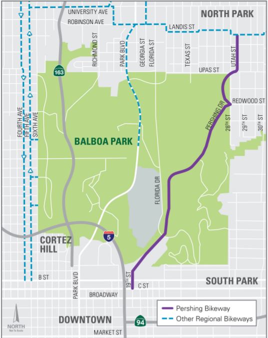 A map rendered by SANDAG shows where the Pershing Drive Bikeway project will be constructed upon completion.