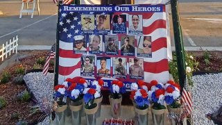 Part of a memorial is pictured honoring the 11 U.S. Marines and two other service members killed in the terrorist bombing at Kabul Airport in Afghanistan.