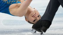 Anastasia Mishina and Aleksandr Galliamov, of the Russian Olympic Committee, compete in the pairs team free skate program during the figure skating competition at the 2022 Winter Olympics, Monday, Feb. 7, 2022, in Beijing. China. The pair finished first, earning their team 10 points with a score of 145.20.