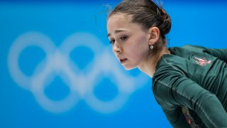 Kamila Valieva, of the Russian Olympic Committee, trains at the 2022 Winter Olympics, Monday, Feb. 14, 2022, in Beijing.