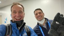 NBC 7 Anchor Steven Luke (left) takes a selfie with colleague Alex Maragos of Chicago (right) in Beijing at the Winter Olympics, Feb. 10, 2022.