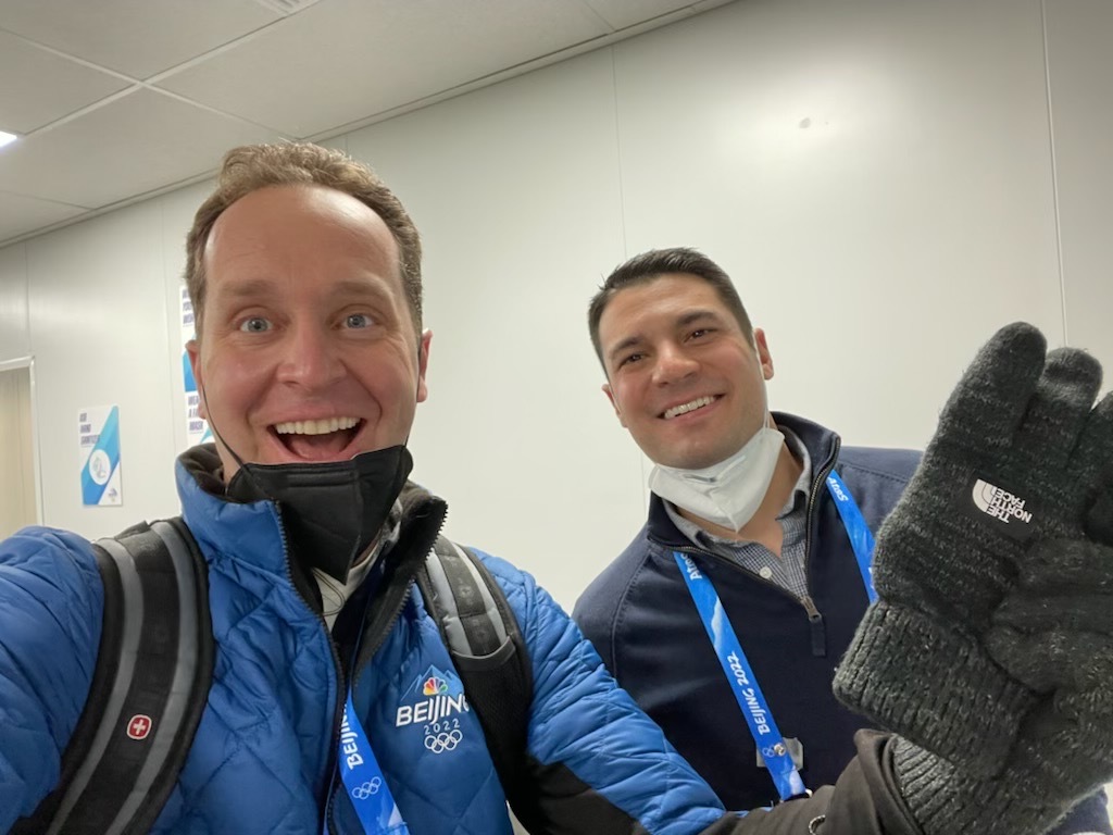 NBC 7 Anchor Steven Luke (left) takes a selfie with colleague Alex Maragos of Chicago (right) in Beijing at the Winter Olympics, Feb. 10, 2022.