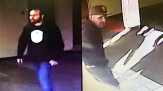 Two people of interest shown on surveillance camera after an explosive device was detonated inside the Four Points by Sheraton hotel in Serra Mesa on Feb. 24, 2022.