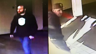 Two people of interest shown on surveillance camera after an explosive device was detonated inside the Four Points by Sheraton hotel in Serra Mesa on Feb. 24, 2022.
