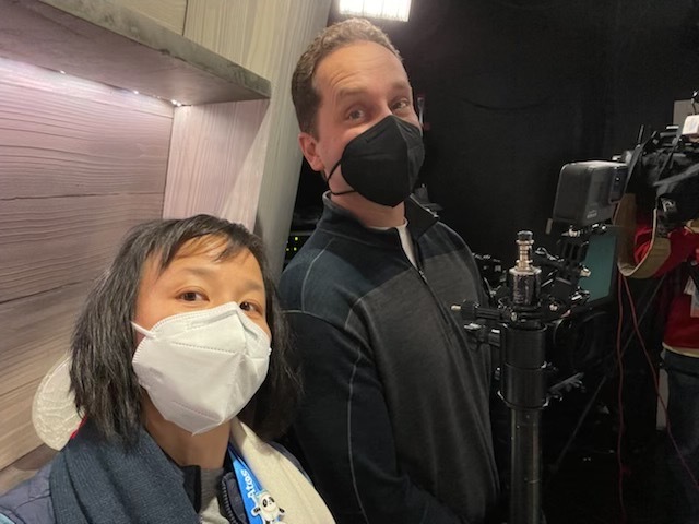 NBC 7 Anchor Steven Luke (right) takes a photo with colleague Christine Ni of San Francisco (left) at the Winter Olympics in Beijing, Feb. 10, 2022.