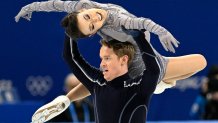 USA's Madison Chock and USA's Evan Bates compete in the ice dance free dance of the figure skating team event during the 2022 Winter Olympics at the Capital Indoor Stadium in Beijing on Feb. 7, 2022.